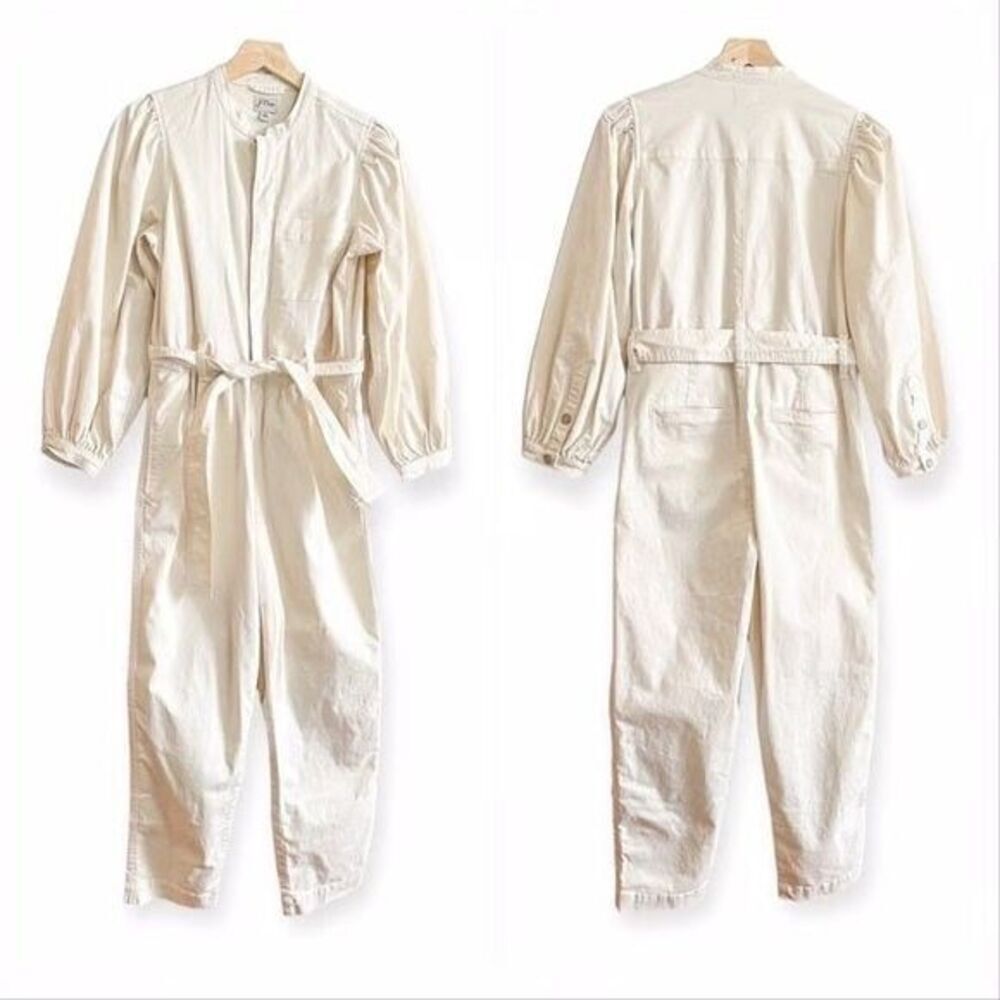 NWT J. Crew Puff Sleeve Chino Jumpsuit Ivory Zip Up Long Pants Coverall 16 Beige